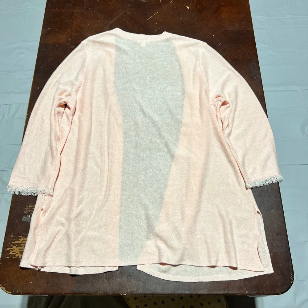 J. Jill Pink Linen Blend Fringe Cuff Open Front Cardigan Sweater Large SSW154411